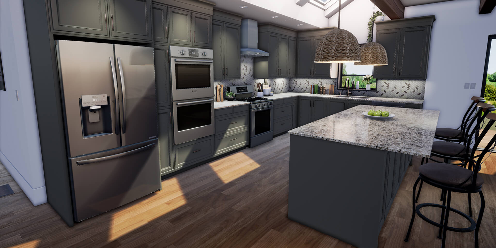 Digitally rendered kitchen with green cabinets 