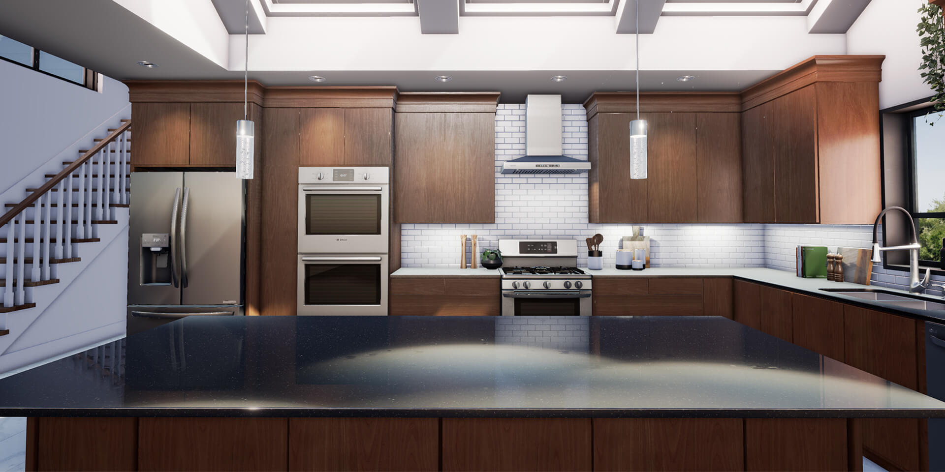 Digitally rendered kitchen with wood cabinets and dark countertops