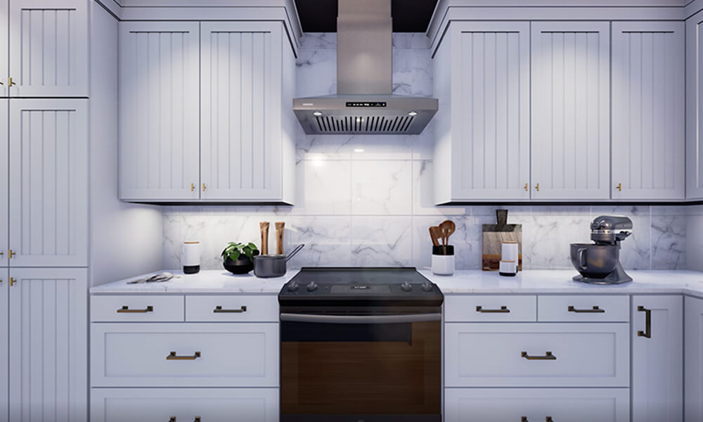 Digitally rendered kitchen with white cabinets and white countertops